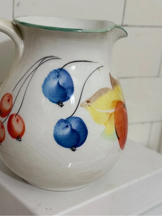 Hand-Painted Ceramic Fruit Pitcher in White with Blue and Orange Accents - Picture 5 of 7